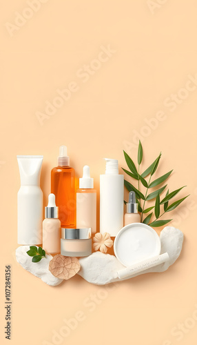 Natural body skin care cosmetics and accessories on beige background isolated with white highlights, png photo