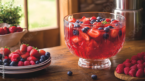 Berry-infused punch with strawberries, raspberries, and blueberries. photo