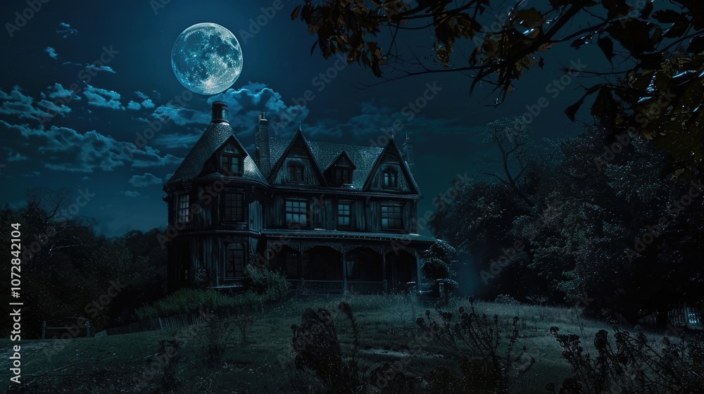An enchanting scene of a full moon casting shadows over a haunted house An enchanting scene of a full moon casting shadows over a haunted house