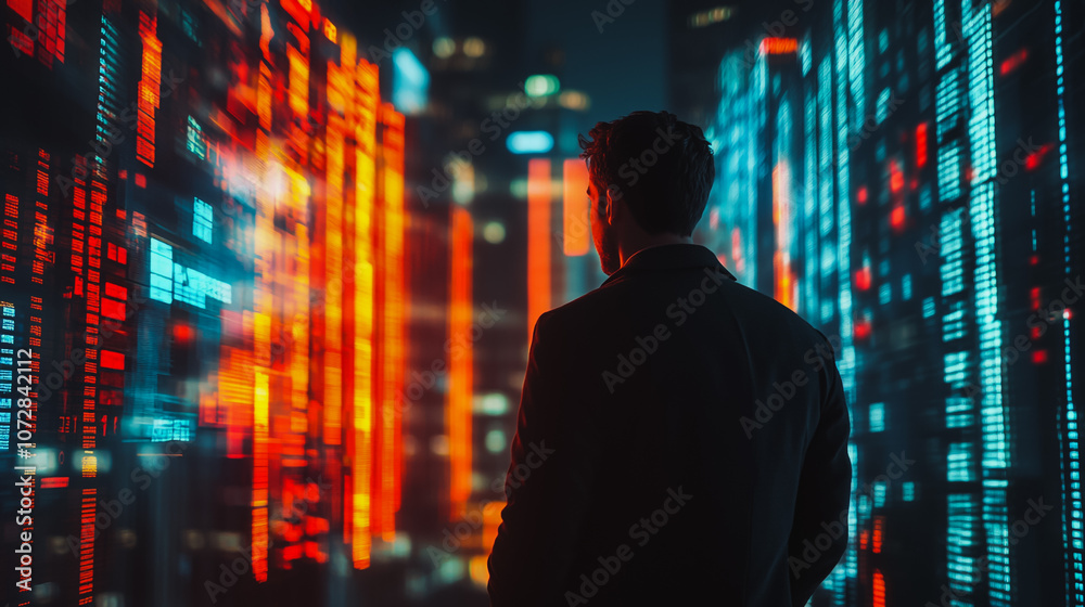 Abstract business man stands on the peak of success amid tall, innovative Smart city and graphs with statistics to analyze business potential and predict future developments in company growth. Abstract business man stands on the peak of success amid tall, innovative Smart city and graphs with statistics to analyze business potential and predict future developments in company growth.
