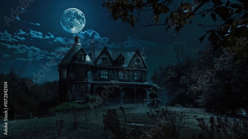 An enchanting scene of a full moon casting shadows over a haunted house photo