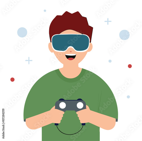 boy is wearing virtual reality headset and holding.eps