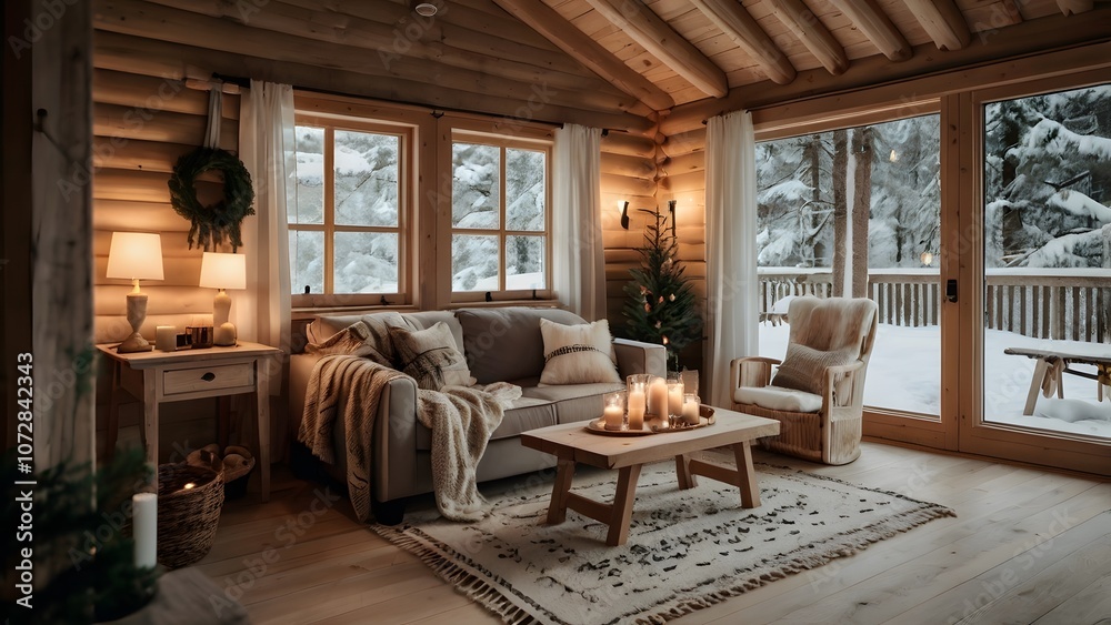 Naklejka premium A cozy log cabin interior featuring warm lighting, a comfortable sofa, candles, and a view of snowy trees outside.
