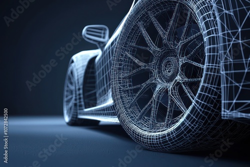 Sports car tire innovation depicted through a wireframe rim design.