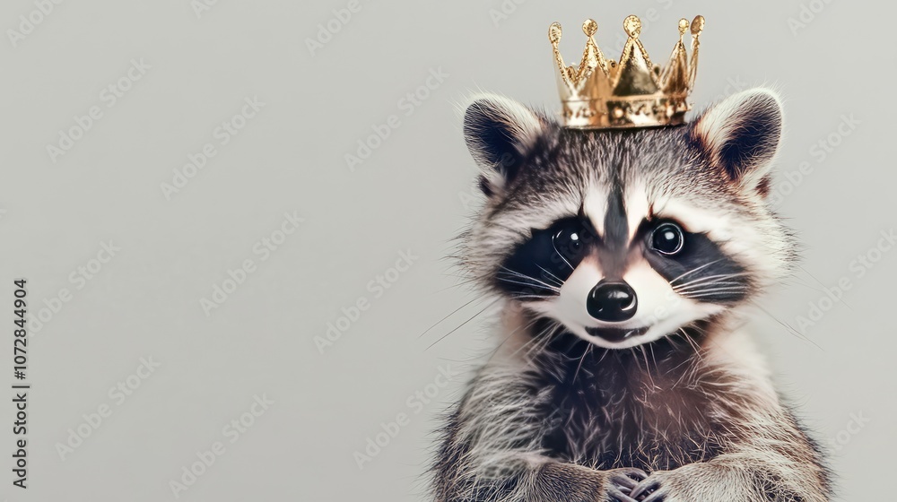 Adorable Raccoon with a Golden Crown Emphasizing a Playful and Royal Character in a Quirky Portrait Setting Adorable Raccoon with a Golden Crown Emphasizing a Playful and Royal Character in a Quirky Portrait Setting