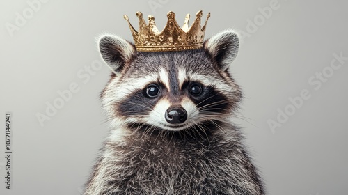 Adorable Raccoon with a Gold Crown Captivatingly Posing Against a Neutral Background Ideal for Illustrating Royalty or Animal Themes in Creative Projects