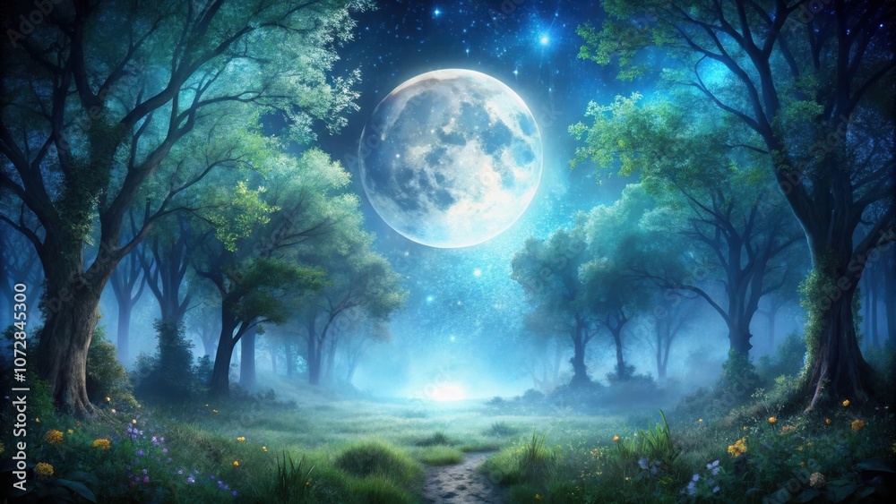 Enchanted Forest bathed in the ethereal glow of a full moon, illuminating a path leading to the unknown Enchanted Forest bathed in the ethereal glow of a full moon, illuminating a path leading to the unknown