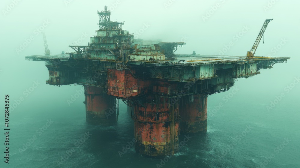 An offshore oil rig surrounded by fog and water. An offshore oil rig surrounded by fog and water.