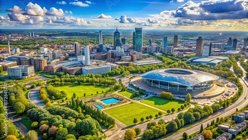 Stunning Aerial View of Manchester Skyline Featuring Etihad Stadium, Showcasing the City's Architectural Beauty and Vibrant Sports Culture from Above in a Captivating Drone Shot