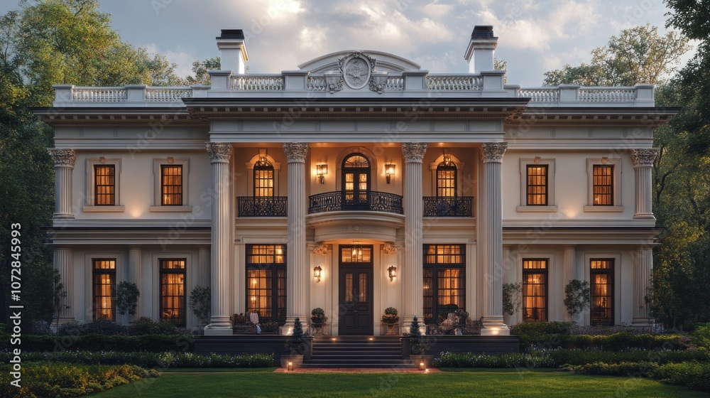 Obraz premium Elegant mansion with classical architecture and lush surroundings.