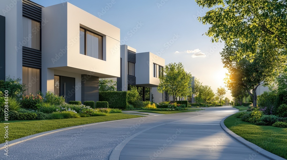 A serene residential street featuring modern houses, lush greenery, and a warm sunset ambiance. A serene residential street featuring modern houses, lush greenery, and a warm sunset ambiance.