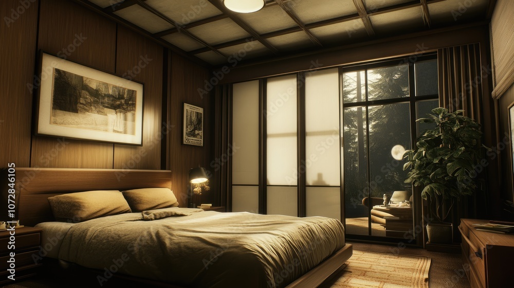 Cozy and Modern Bedroom with Wooden Accents, Nighttime View, Soft Lighting, and Elegant Decor, Inviting Atmosphere for Relaxation and Restful Sleep Cozy and Modern Bedroom with Wooden Accents, Nighttime View, Soft Lighting, and Elegant Decor, Inviting Atmosphere for Relaxation and Restful Sleep
