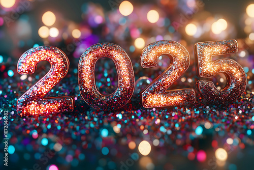 Sparkling numbers "2025" surrounded by colorful glitter and lights, symbolizing celebration and the New Year.