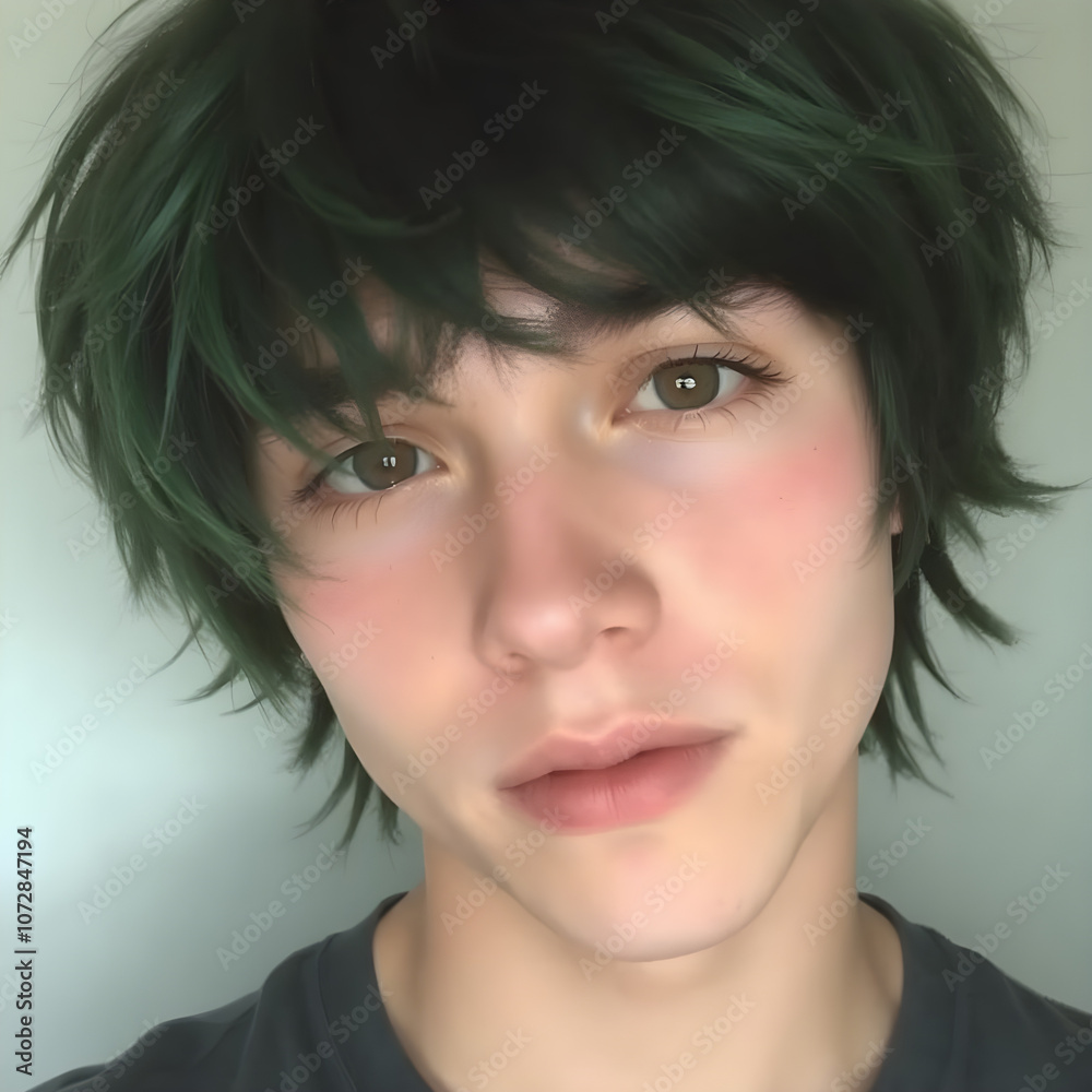 Fototapeta premium Un encantador hombre joven con pelo oscuro que mira hacia el frente