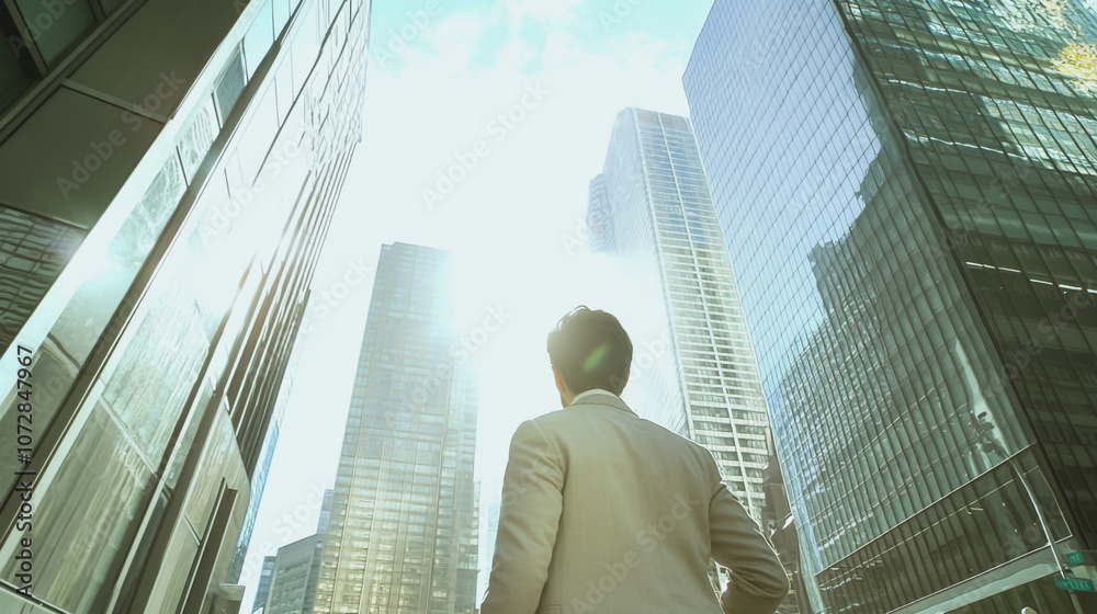 Fototapeta premium Abstract business man stands on the peak of success amid tall, innovative Smart city and graphs with statistics to analyze business potential and predict future developments in company growth.