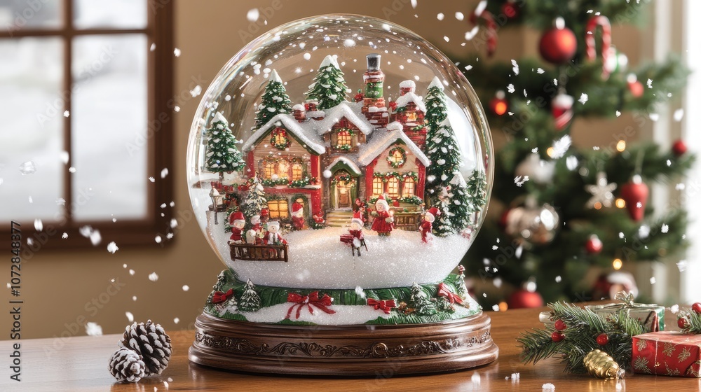 Obraz premium Beautiful Christmas Snow Globe with a Festive Village Scene Featuring Snow, Trees, and Colorful Decorations Set Against a Cozy Indoor Holiday Background