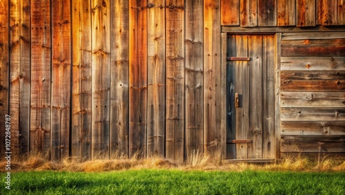 A weathered wooden barn door with a single hinge and a metal latch set against a backdrop of vertical wooden boards, framed by a patch of green grass