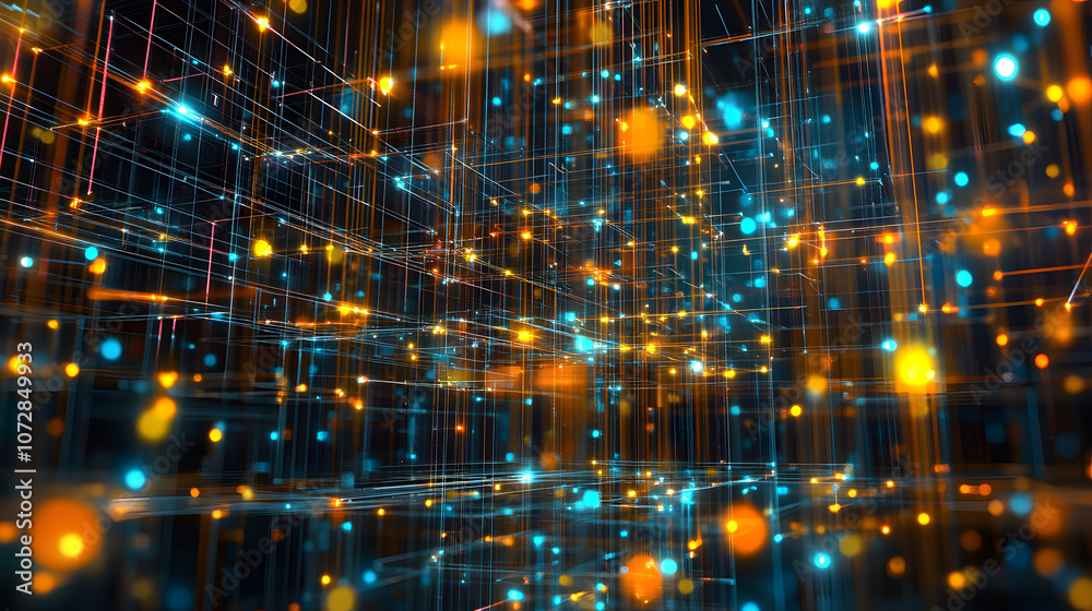 Obraz premium Complex 3D wireframe structure with glowing edges.