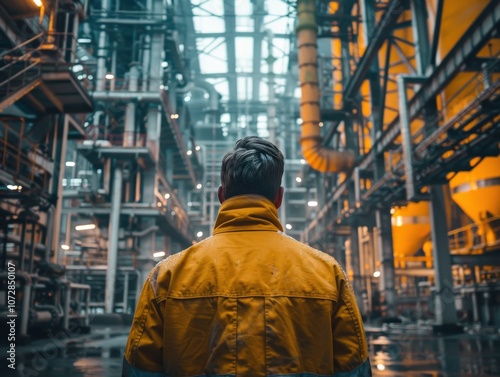 Worker in an industrial facility looking around.