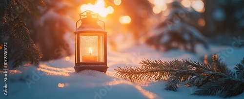 A softly glowing lantern sits in the snow, casting a warm light in the woods during either sunset or dawn, evoking a sense of peaceful solitude, perfect for promotional material, or holiday cards photo