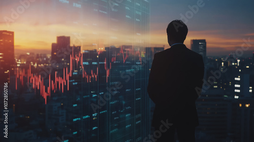 Abstract business man stands on the peak of success amid tall, innovative Smart city and graphs with statistics to analyze business potential and predict future developments in company growth.