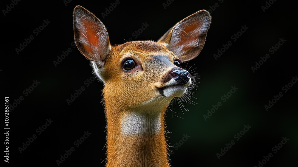 Close-up of a young deer with expressive features against a dark background. Close-up of a young deer with expressive features against a dark background.