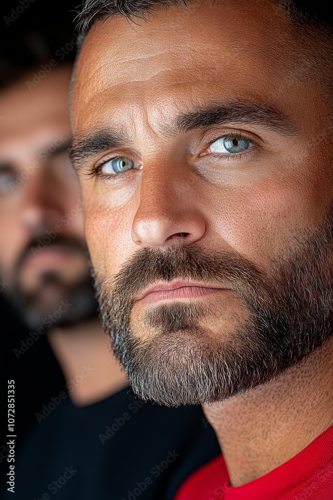 Obraz premium Two men with striking blue eyes pose close together, highlighting their distinct expressions and contrasting styles