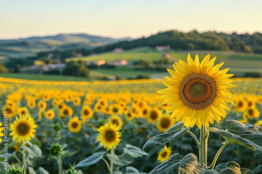 Fototapeta premium A single yellow sunflower in a field of yellow flowers