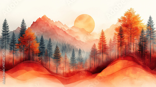 Elegant vintage 3d wall mural: A deep forest scene with soft sunlight filtering through trees, abstract curves texture in warm colors, 