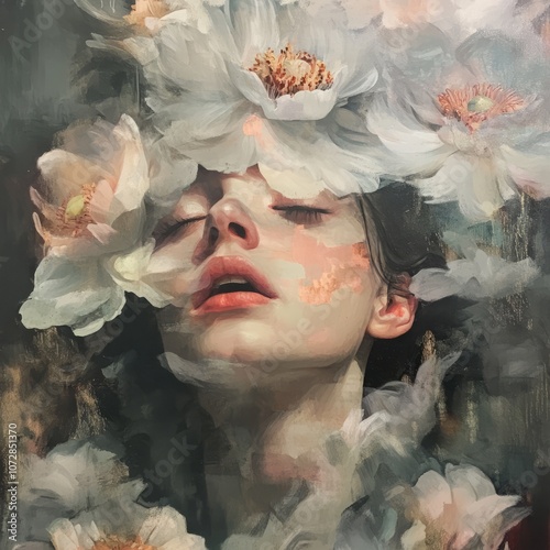 Obraz na płótnie A woman with closed eyes surrounded by large white flowers. w salonie