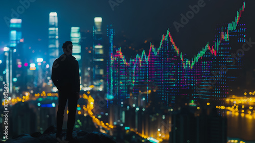 Abstract business man stands on the peak of success amid tall, innovative Smart city and graphs with statistics to analyze business potential and predict future developments in company growth.