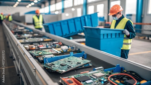 Industrial E-Waste Sorting: Workers in Protective Gear Categorizing Electronics on Conveyor Belt