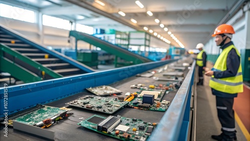 Industrial E-Waste Sorting: Workers in Protective Gear Categorizing Electronics on Conveyor Belt photo