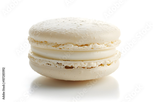 Delicious vanilla macaron with smooth shell and soft creamy filling on white background