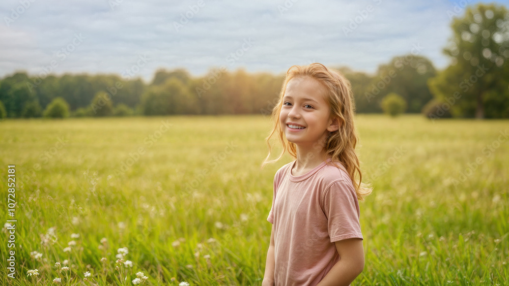 A smiling young girl enjoying herself in a beautiful meadow or pasture filled with grass and clover. The child is blond and wearing a pink shirt. A smiling young girl enjoying herself in a beautiful meadow or pasture filled with grass and clover. The child is blond and wearing a pink shirt.
