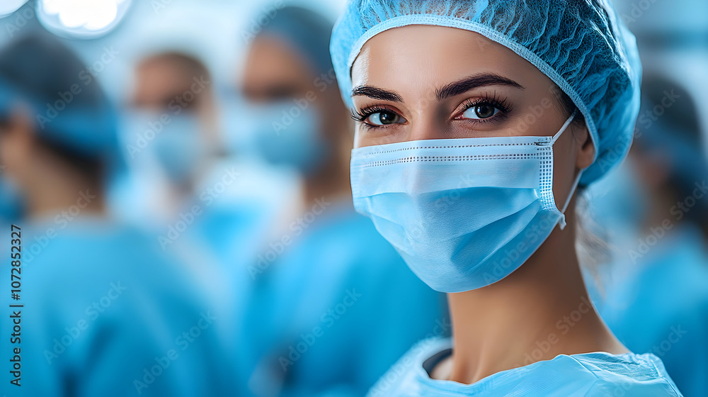 Focused Surgeon: A female surgeon in scrubs and a surgical mask looks directly at the camera. The image conveys confidence and focus in a medical setting. Focused Surgeon: A female surgeon in scrubs and a surgical mask looks directly at the camera. The image conveys confidence and focus in a medical setting.