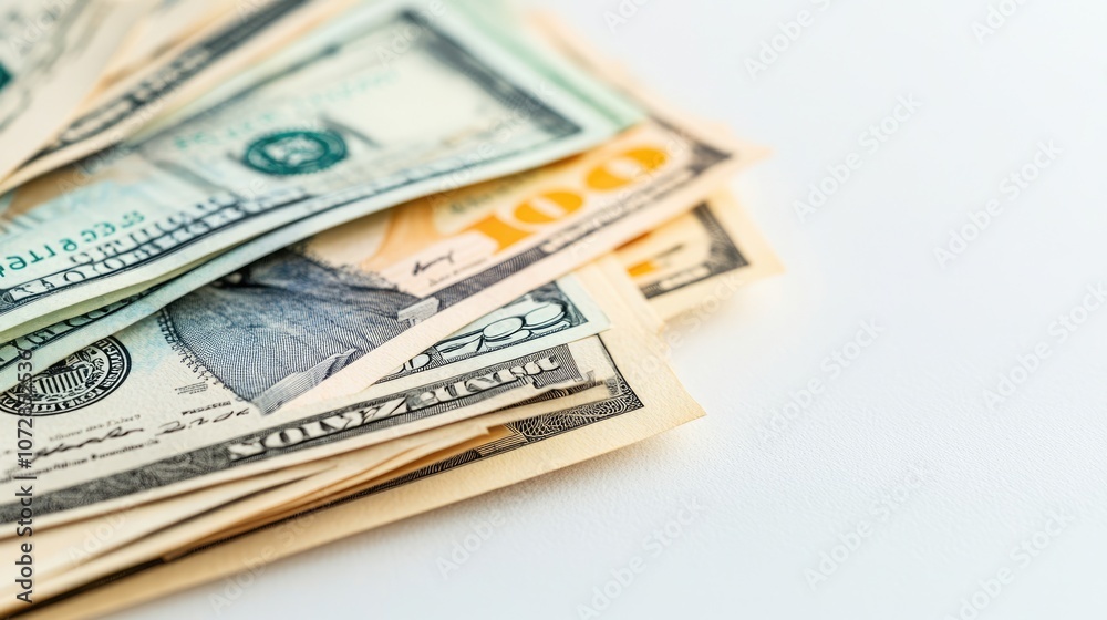 A Close-Up View of Various U.S. Dollar Bills Stacked Neatly on a White Surface, Highlighting Their Intricate Designs and Textures for Financial Themes and Concepts A Close-Up View of Various U.S. Dollar Bills Stacked Neatly on a White Surface, Highlighting Their Intricate Designs and Textures for Financial Themes and Concepts