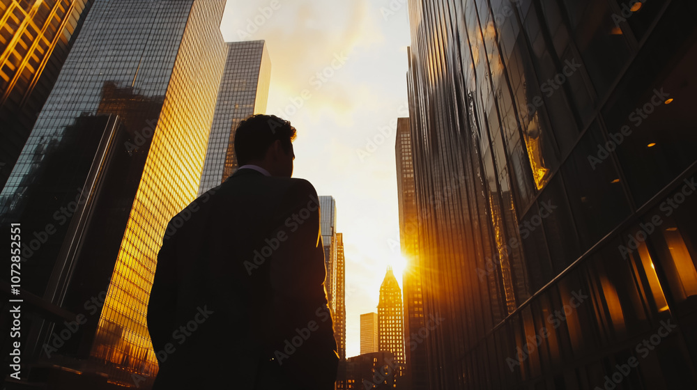 Abstract business man stands on the peak of success amid tall, innovative Smart city and graphs with statistics to analyze business potential and predict future developments in company growth. Abstract business man stands on the peak of success amid tall, innovative Smart city and graphs with statistics to analyze business potential and predict future developments in company growth.