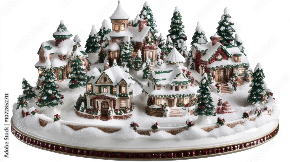 Obraz premium Charming Winter Village Scene with Snow-Covered Houses and Pine Trees Perfect for Holiday Decorations and Seasonal Celebrations