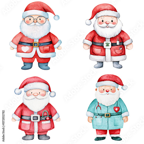 Cute Watercolor Christmas Santa Claus Set Holiday Doctor Festive Characters Winter Illustration