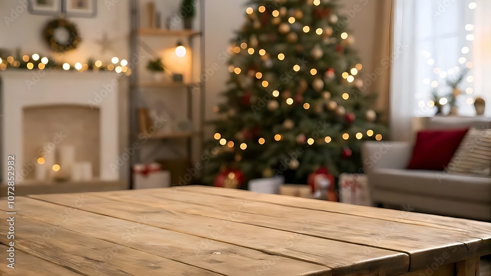 A rustic wooden table with a blurred, glowing Christmas tree and festive decorations in a cozy living room A rustic wooden table with a blurred, glowing Christmas tree and festive decorations in a cozy living room