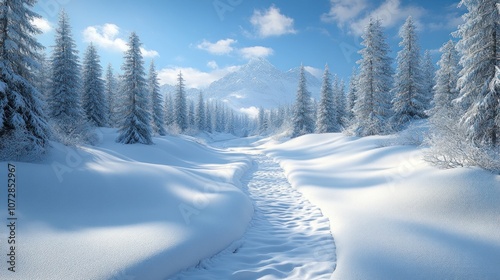 Snowy landscape with mountains and evergreen trees under a blue sky.