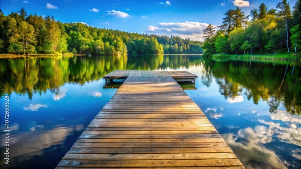 A wooden dock extending into a serene lake, reflecting the vibrant blue sky and fluffy clouds, surrounded by lush green trees