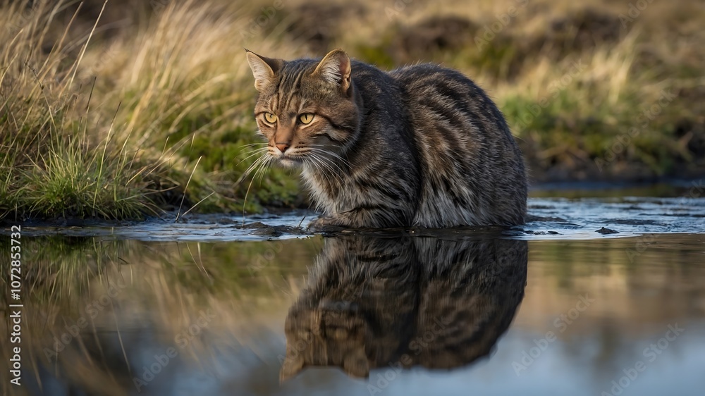 Obraz premium Calm Waters: A Scottish Wildcat's Contemplative Pause at the Loch