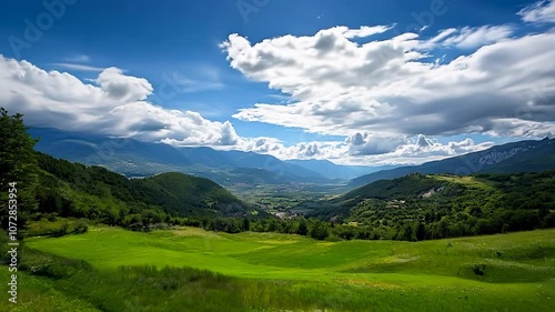 Time-Lapse of Lush Green Valley with Dramatic Clouds and Scenic Landscape, Captured by Drone