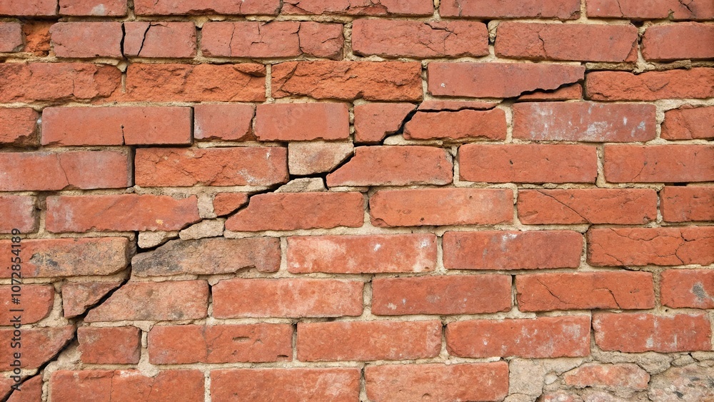 Close-up of old red brick wall with cracks and fissures, masonry, old red brick wall Close-up of old red brick wall with cracks and fissures, masonry, old red brick wall