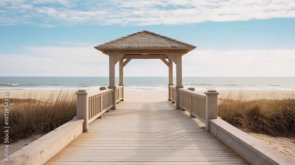A wooden walkway leads to a beach gazebo overlooking the ocean under a blue sky. A wooden walkway leads to a beach gazebo overlooking the ocean under a blue sky.