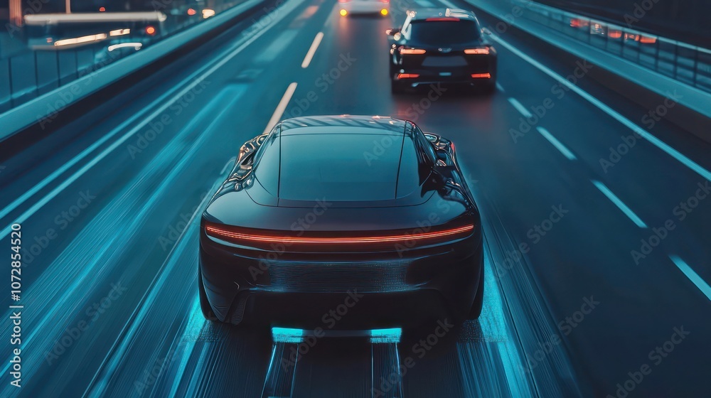 Fototapeta premium Self-driving vehicle executing a lane change past an urban car.