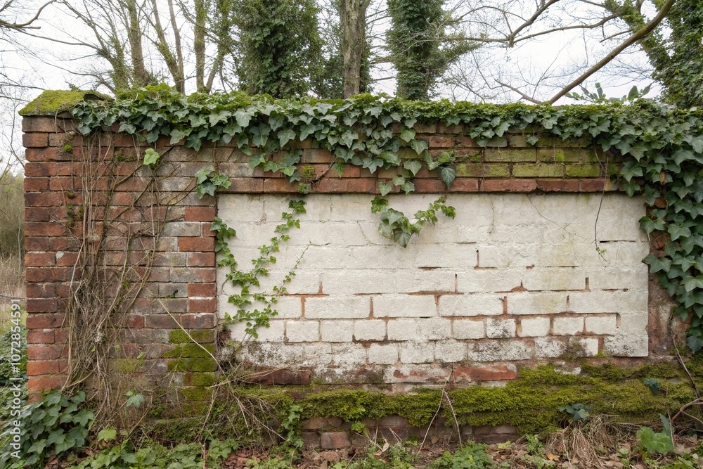 Distressed brick wall with ivy and moss growth, moss, rustic, untamed Distressed brick wall with ivy and moss growth, moss, rustic, untamed