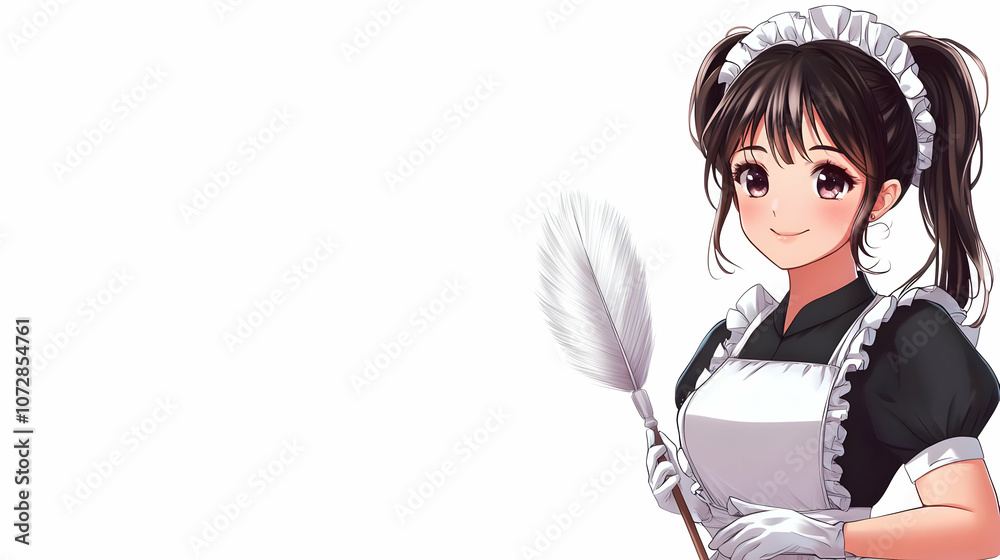 A smiling anime girl in a maid outfit holds a feather duster. A smiling anime girl in a maid outfit holds a feather duster.